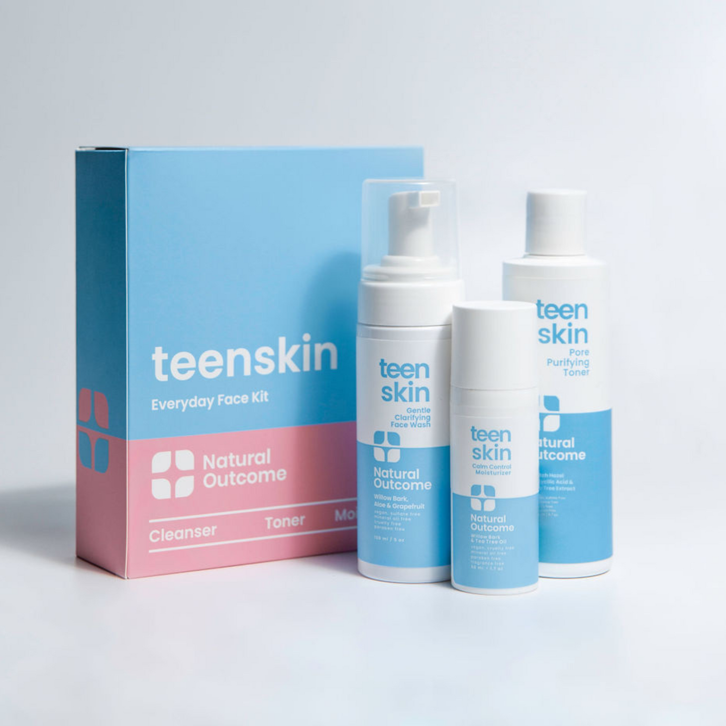 Gentle skincare set for teens, including cleanser, toner, and moisturizer.