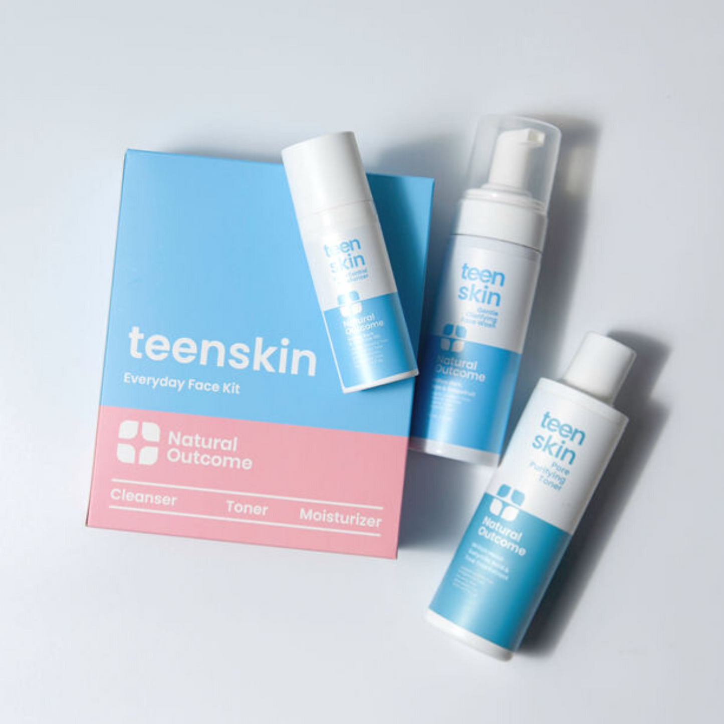 Teen-friendly skincare kit designed to control acne, reduce oil, and hydrate skin